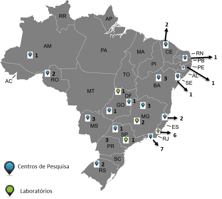 Mapa do Brasil com a distribuição dos 34 centros de pesquisa em 16 estados e dos 10 laboratórios associados da Rede Covid-19.